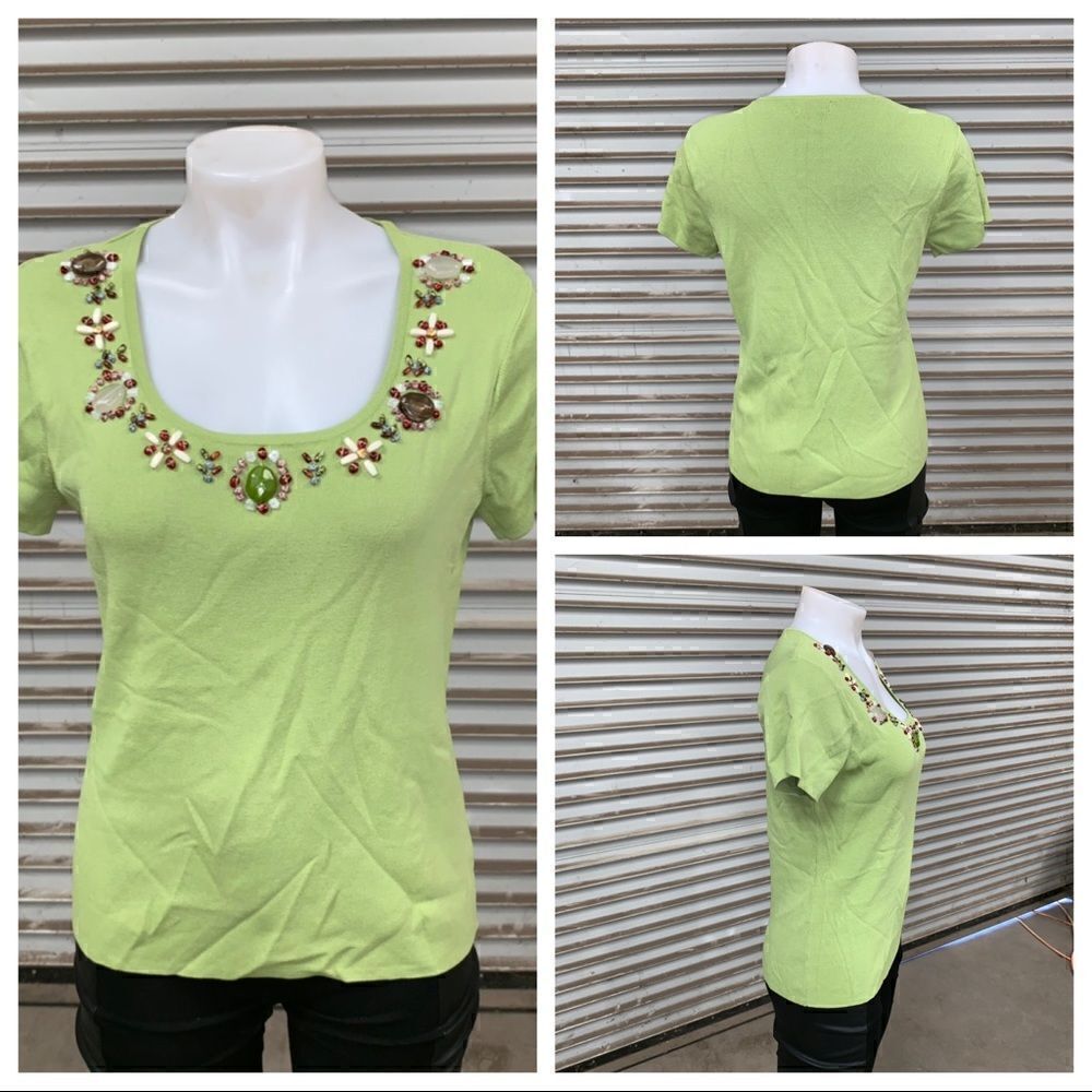 Multiples shirt sleeve top with embellished neck